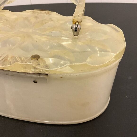 Vintage 1950s Lucite Marbleized Pearl Top Handle Purse Round Box Makeup Containe - Picture 6 of 14